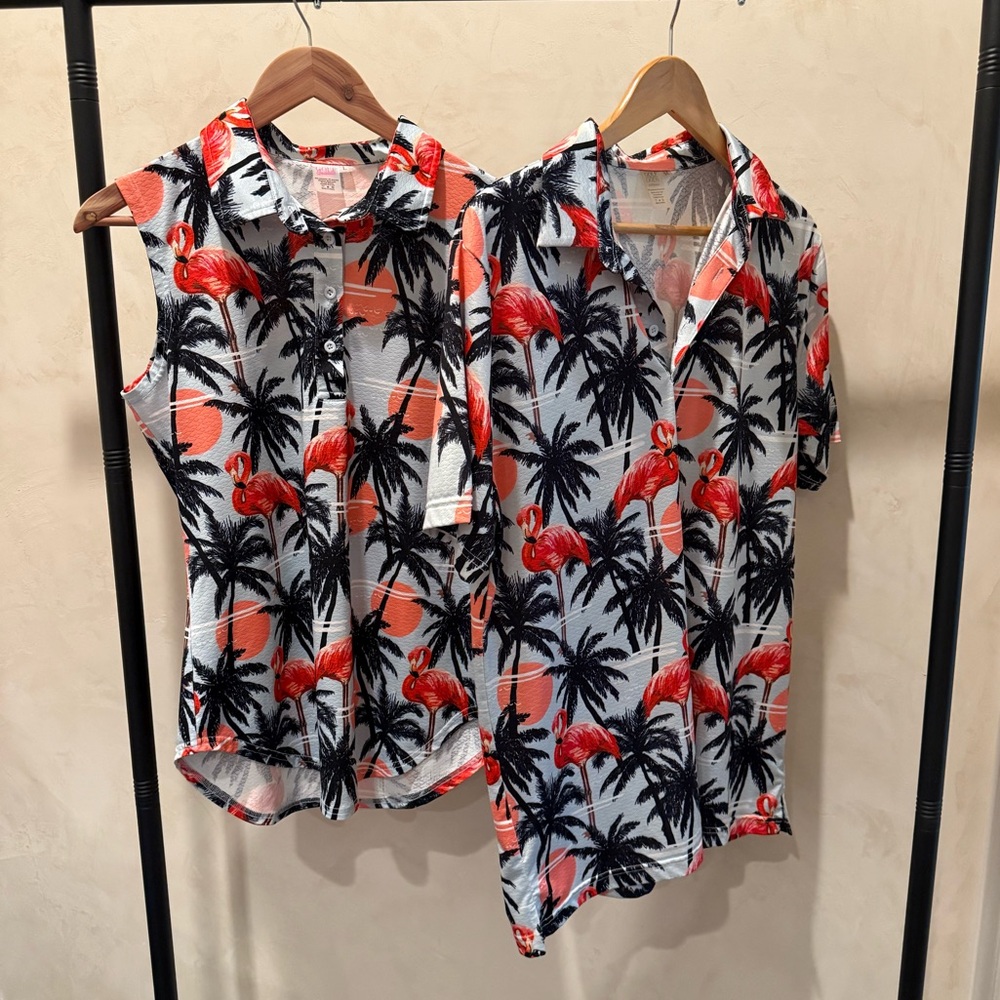 Flamingo and Palm Tree Print Shirts Golf Gods women’s L Men’s M